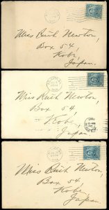1904-5 LOT/3 ATLANTA Cds - MISS RUTH NEWTON, KOBE JAPAN, MISSIONARY, All SC #304