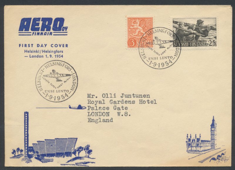 Aero - Finnair First Flight Cover  Aircraft dated 1. 9. 1954 see scans & details