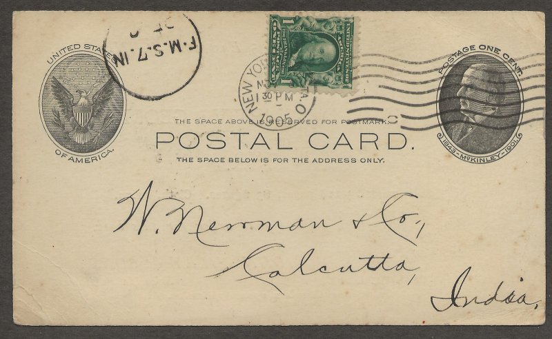 11/3/1905 NY postal card Uprated UX18 Calcutta India FMS cancel Wiley Geometry