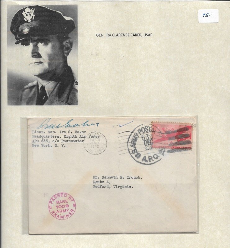 1943 Gen Ira Eaker, USAF, APO 633 to Bedford, Va Airmail (53349)