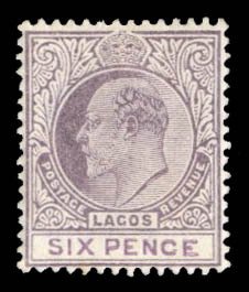 Lagos #45 Cat$40, 1904 6p violet and red violet, lightly hinged, tiny toned s...