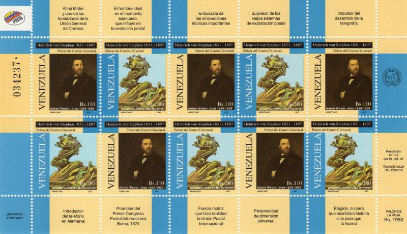 Venezuela 1997 Sc#1578 U.P.U./Heinrich von Stephan Sheetlet (5 Pairs) MNH