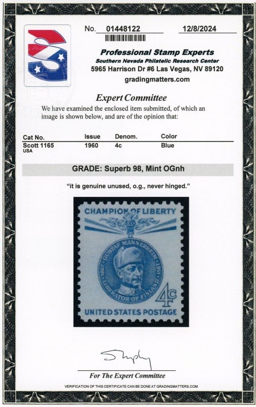 US Stamp #1165 Marshal Mannerheim 4c - PSE Cert - SUPERB 98 - MNH - SMQ $75.00