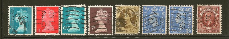 Great Britain Collection of 8 Perfins KGV KGVI & QE2 Used