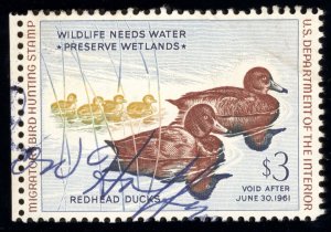 US Scott RW27 Used $3 1960 Hunting Permit Red Head Duck T833 bhmstamps