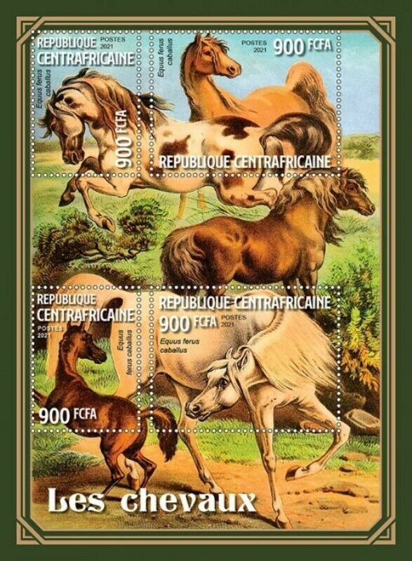 Central Africa - 2021 Horses on Stamps - 4 Stamp Sheet - CA210320a 