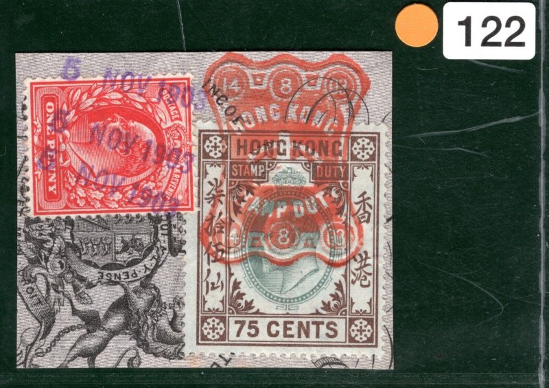 HONG KONG/GB KEVII *MIXED FRANKING* Piece Revenue 75c Revenue 1d Red 1903 YOW122