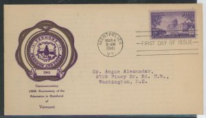 US 903 1941 3c Vermont/150th Anniv. of Statehood on an addressed FDC with a Rice Cachet