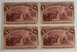Scott Stamp# 236 - 1893 8¢ Columbian Comm. Block of 4. MHR, OG. SCV $250.00