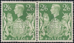 GB 1942 KGVI 2/6d Yellow Green Pair VFU