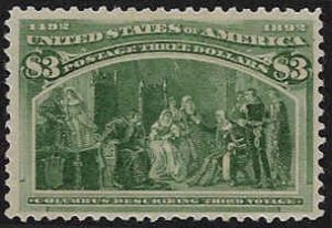 U.S. #243 Unused OG VLH; $3 Columbus describing 3rd voyage - PSE Cert. (1893)