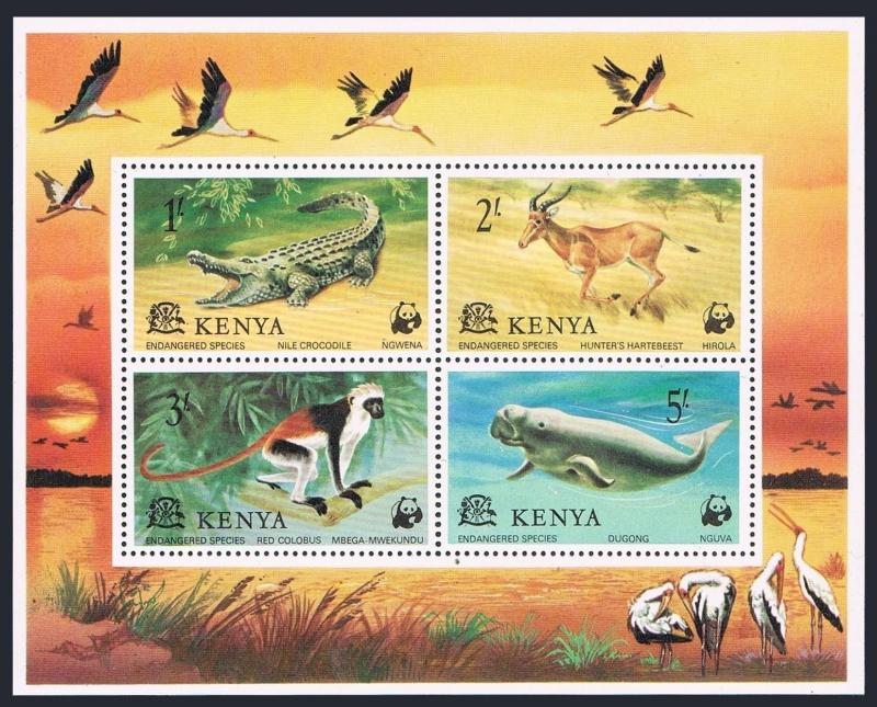 Kenya 93a sheet,MNH.Michel Bl.10. WWF 1977.Crocodile,Hartebeest,Dugong,