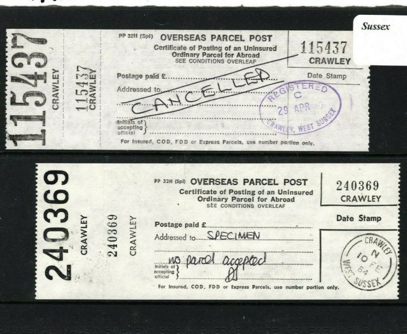 GB Sussex *Crawley* OVERSEAS PARCEL POST LABEL Unused Specimens{2} 1984 AA150