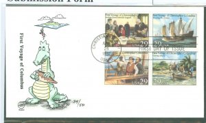 US 2620-2623 1992 29c Voyages Of Columbus (set of 4) on an unaddressed FDC with a Wilson Hand-colored Cachet