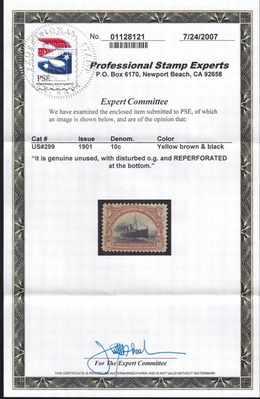 US #299 Mint OGnh, Single,  With Cert.