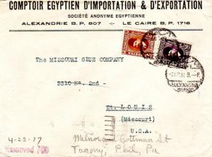 Egypt 1m, 2m and 5m (2) Arabic Numeral Officials 1937 Cairo Postcard to Georg...