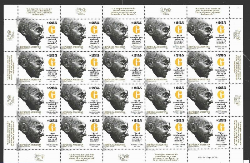 ARGENTINA 2019 INDIA MAHATMA GANDHI 150° ANIVERSARY FULL SHEET MNH