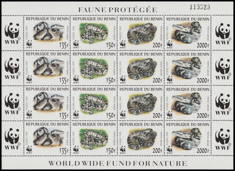 Benin WWF Pythons Sheetlet of 4 sets SG#1812/15 SC#1086 a-d MI#1159-62 CV?40+