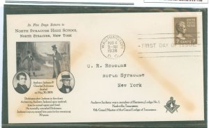 US 812 1938 7c Andrew Jackson (part of the presidential/prexy series) single on an addressed first day cover with a Masonic cach