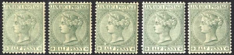 Jamaica SG16 1/2d wmk crown CA selection of 5 M/M shades (1 with corner crease)