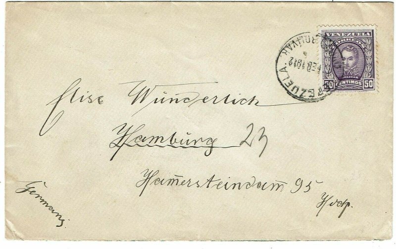 Venezuela 1912 Simon Bolivar cancel on cover to Germany, franked Scott 254