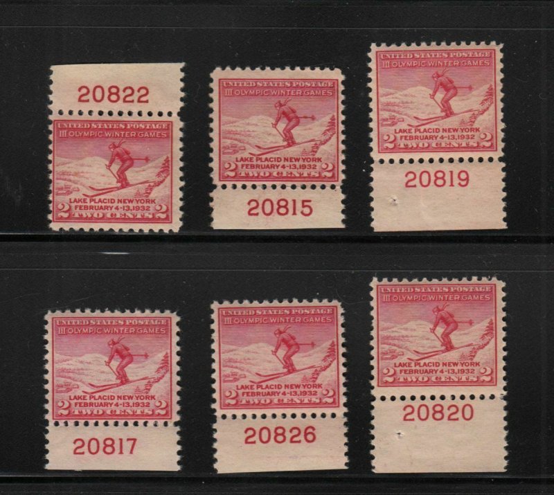 1932 Lake Placid Olympics Sc 716 MNH different plate numbers/positions CV $23 (G