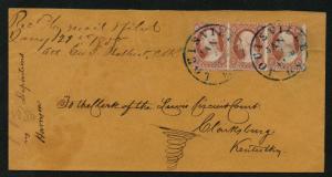 US Scott #25 Strip of 3 on Cover Louisville KY Jan 7, 1858 Blue CDS Cancels 