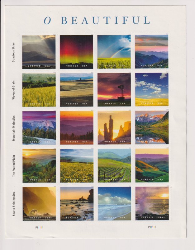 US: Sc #5298 O Beautiful Forever Stamp Sheet of 20, 60c MNH (S30184)