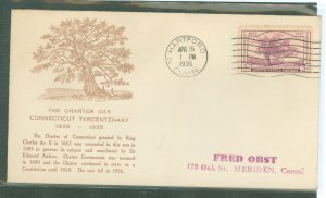 US 772 1935 3c Connecticut Tercentennary/Charter Oak on an addressed FDC with a (1st) Hartford Indemnity Insurance Company