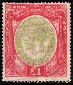1913 South Africa Revenue King George V 1 Pound General Tax Duty Stamp Used