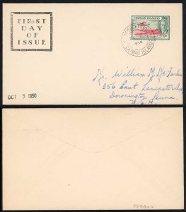 Cayman Islands 1950 9d used on first day cover clear GEORGETOWN OC 2 1950 pmk