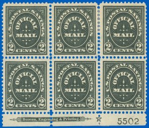 SCOTT #O121 PLATE BLK/6, IMPRINT & STAR, MINT-VG-LH, PERF SEPS, SCV $350.00 (SK)