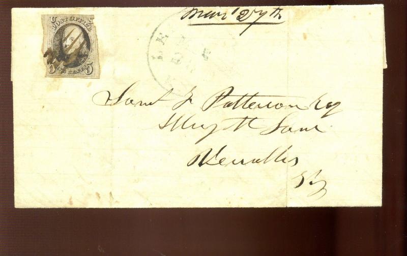 Scott #1 Franklin Imperf Used Stamp on  Interesting Cover (#1-Cvr 22)