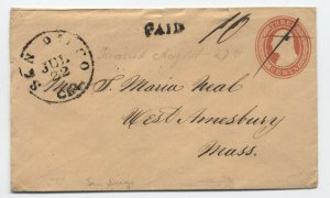 1850s U2 nesbitt seal envelope San Diego CA to MA paid 10 manuscript [6026.36]
