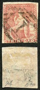 Trinidad SG12 1854-57 (1d) Rose Red Imperf Paper 3 Margins (E16)