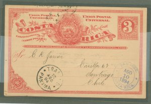 Costa Rica UX 1894 3 cent red P.C. Used from San Jose Panama transit, Valpariso transition reverse. Santiago arrival on reverse.