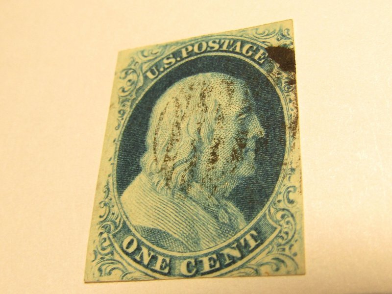 US Stamps, Scott #9 USED,1 Cent Franklin type IV Used, w/R.Doporto Certification