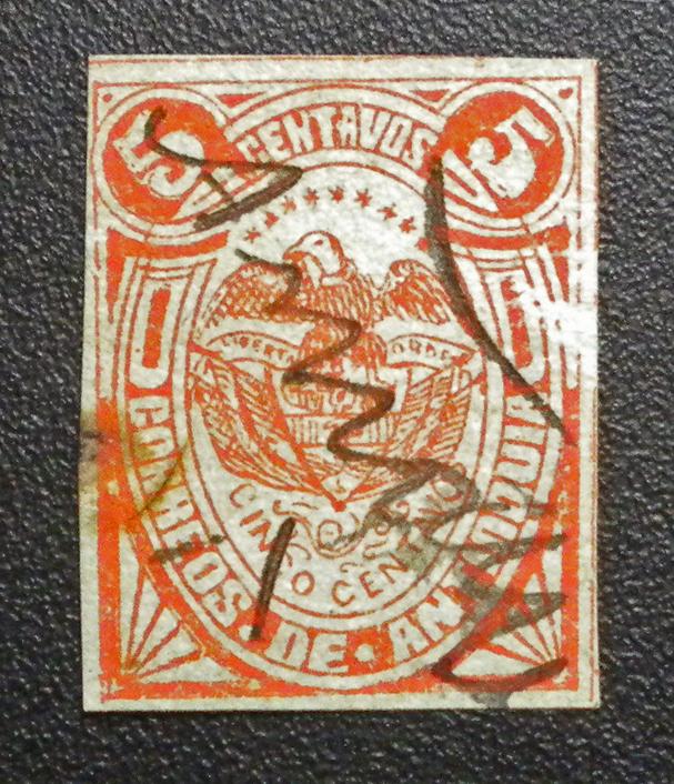 COLOMBIA-ANTIOQUIA 1887-1888. PEN CANCELED WOVE PAPER IMPERFORATE ITEM: HA8