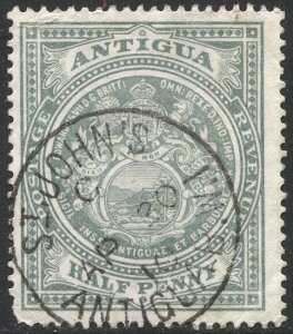 ANTIGUA 1908 Sc 31 Used 1/2d Seal of Colony, SOTN St John's 1910 cancel