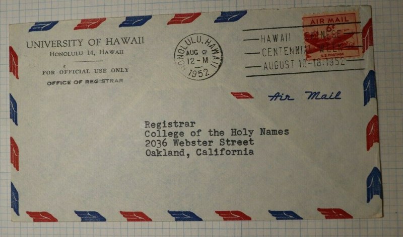 US Airmail Cover Hawaii Chinese Centennial Week 1952 University Slogan Cancel