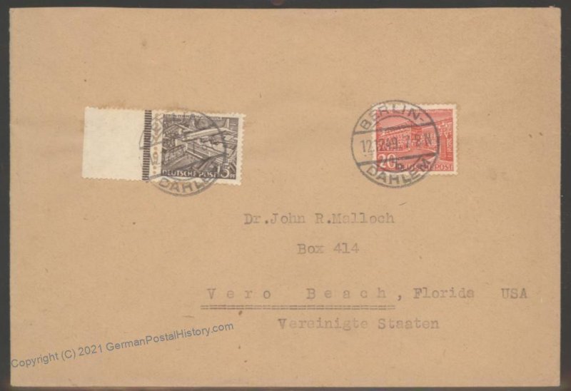 Germany West Berlin Mi48-49 Post WWII Cover to Florida USA 104055