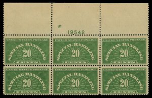 United States, Special Handling #QE3 Cat$60, 1928 20c yellow green, plate blo...