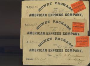 27 AMERICAN EXPRESS CO. MONEY PACKAGE LABELS LARGE LOT W/MANY SCARCE TOWNS!!!