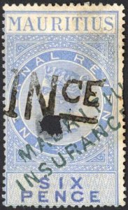Mauritius BF7a 6d Blue and Blue Insurance Opt INCE Diagonal (crease)