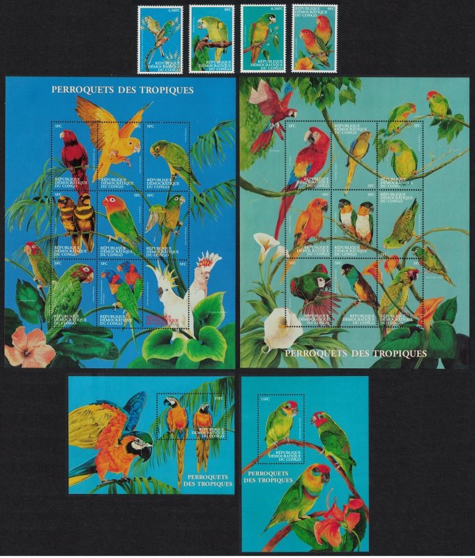 DR Congo Parrots Cockatoos Birds 4v+2 Sheetlets + 2 MSs 2000 MNH