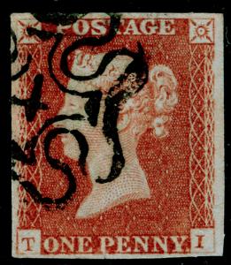 SG8, 1d red-brown, FINE USED. Cat £600. BLACK MX WITH NUMBER 4. 4 MARGINS. TI