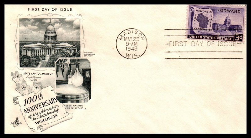 US 957 Wisconsin Statehood Artcraft U/A FDC