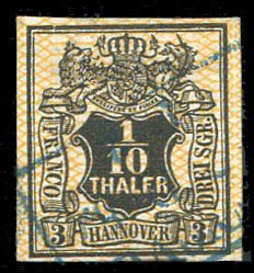 German States, Hannover #14 (Mi. 12) Cat€70, 1857 1/10th black and orange, ...