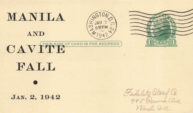 WWII Patriotic - MANILA & CAVITE FALL 1942 - Fidelity card