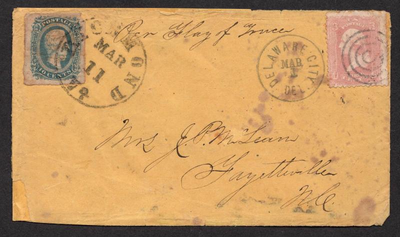 **CSA + US POW Cover, North to South Delaware City/Richmond, Mixed Franking